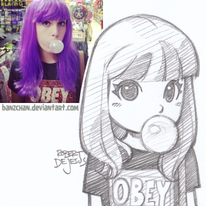 purple hair girl with bubblegum